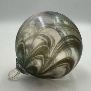 Iridescent Pulled Feather Art Glass Ornament Heavy Studio Blown Glass Eye Studio